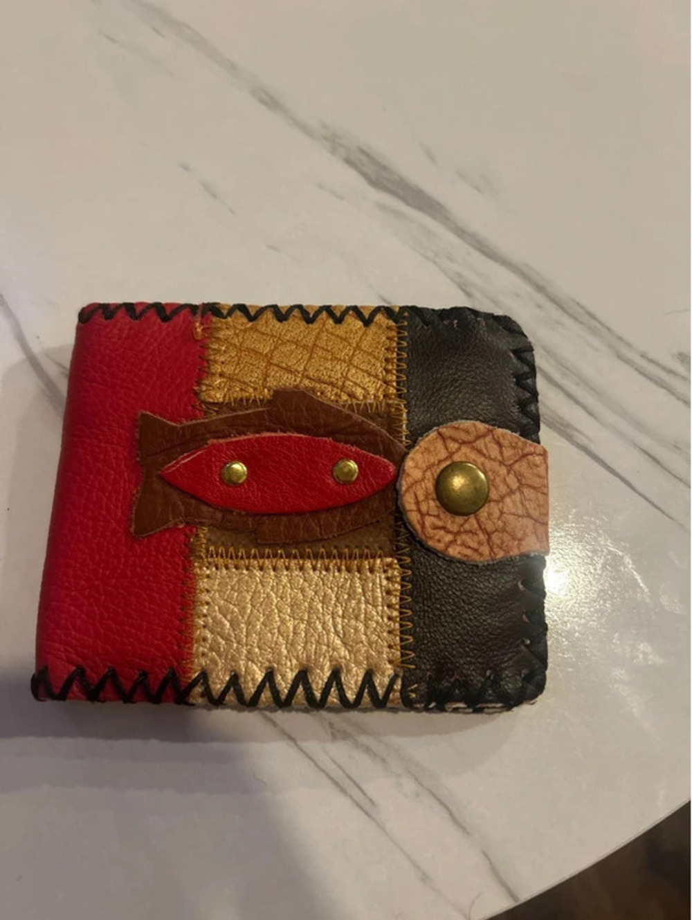 Handmade Patchwork Leather Bifold Wallet Fish Design Multicolor